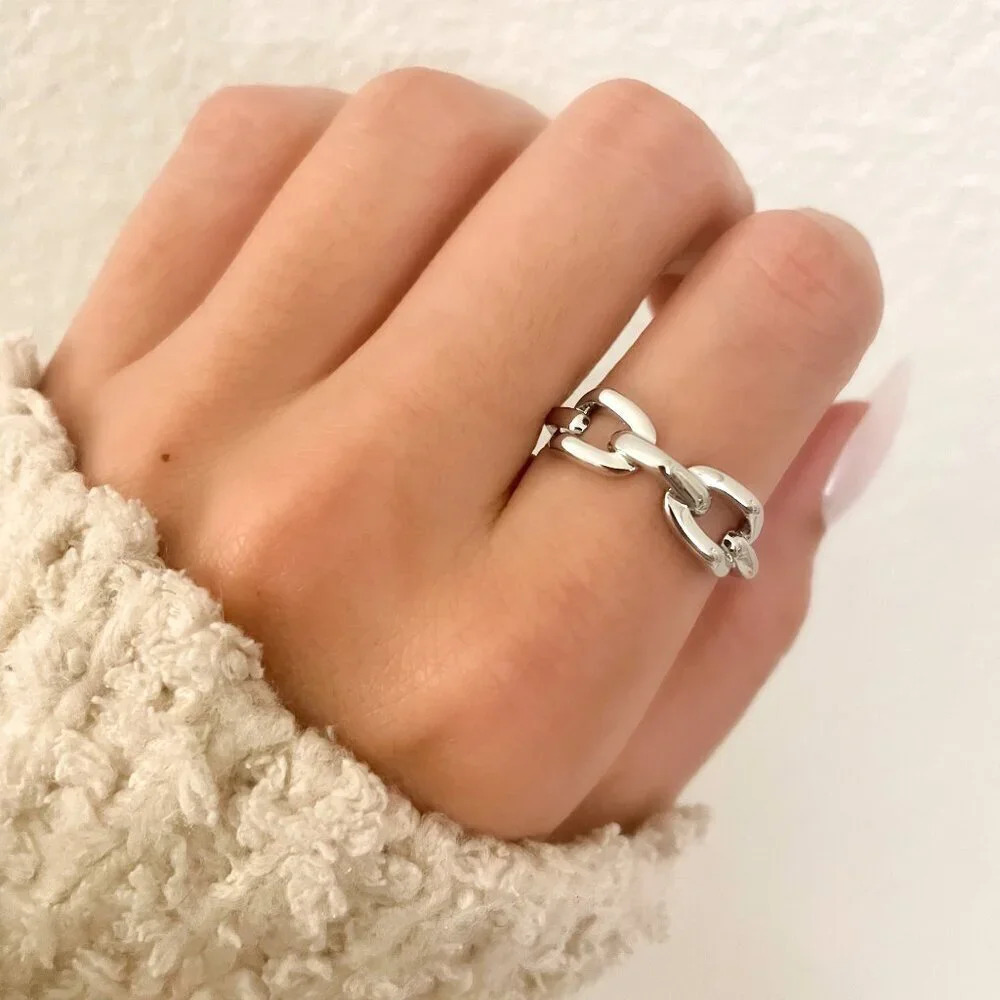 925 Sterling Silver Chain Link Ring Band Midi Ring Thumb Ring Adjustable Ring